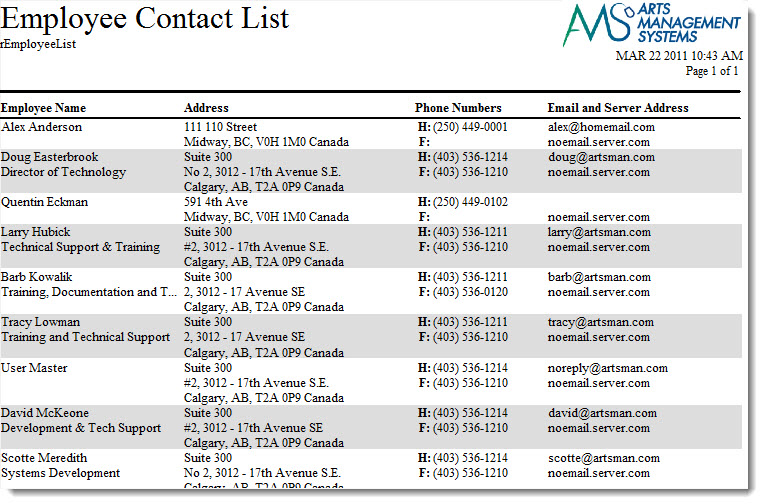 Employee Contact List  Arts Management Systems